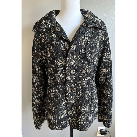 Women’s Polyester Seersucker Jacket Reversible Black Tan Button Coat No tags - Picture 2 of 7